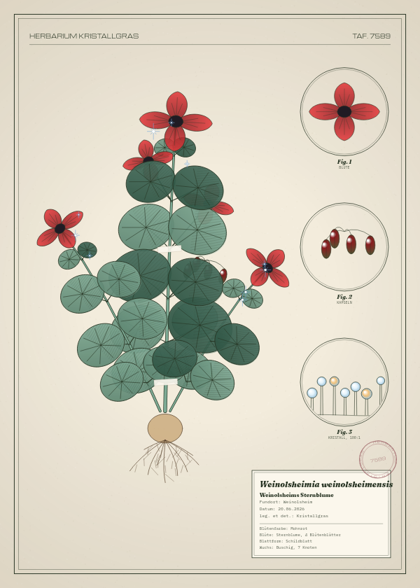 Botanische Tafel: Weinolsheimia weinolsheimensis, eine erfundene Pflanze aus Weinolsheim, gezeichnet wie in einem alten Pflanzenatlas