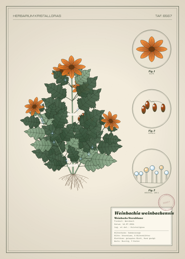 Botanische Tafel: Weinbachia weinbachensis, eine erfundene Pflanze aus Weinbach, gezeichnet wie in einem alten Pflanzenatlas