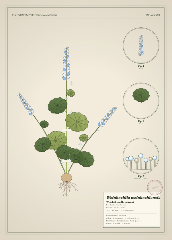 Botanische Tafel: Weinboehlia weinboehlensis, eine erfundene Pflanze aus Weinböhla, gezeichnet wie in einem alten Pflanzenatlas