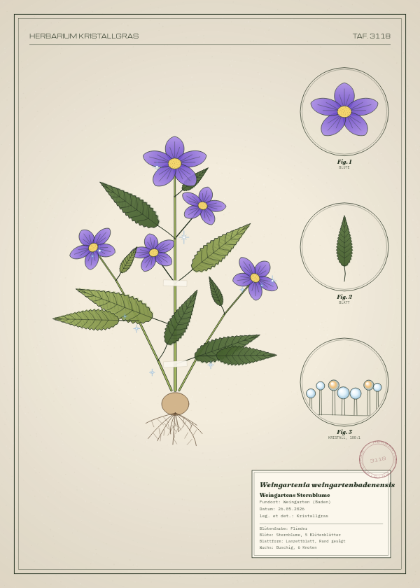 Botanische Tafel: Weingartenia weingartenbadenensis, eine erfundene Pflanze aus Weingarten (Baden), gezeichnet wie in einem alten Pflanzenatlas