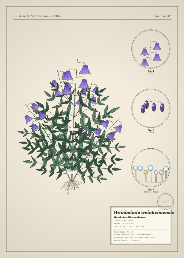 Botanische Tafel: Weinheimia weinheimensis, eine erfundene Pflanze aus Weinheim, gezeichnet wie in einem alten Pflanzenatlas