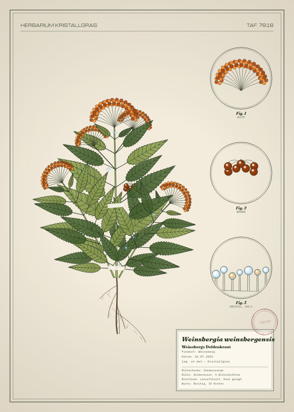 Botanische Tafel: Weinsbergia weinsbergensis, eine erfundene Pflanze aus Weinsberg, gezeichnet wie in einem alten Pflanzenatlas