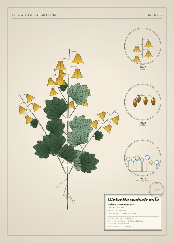 Botanische Tafel: Weiselia weiselensis, eine erfundene Pflanze aus Weisel, gezeichnet wie in einem alten Pflanzenatlas