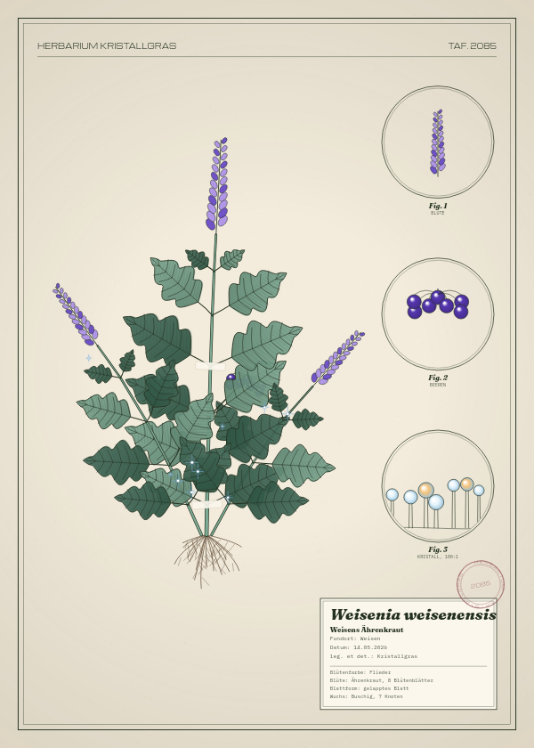 Botanische Tafel: Weisenia weisenensis, eine erfundene Pflanze aus Weisen, gezeichnet wie in einem alten Pflanzenatlas