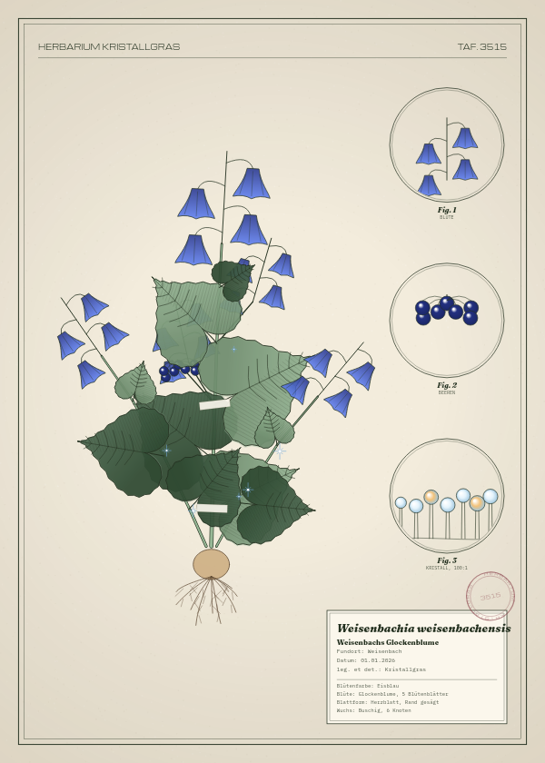 Botanische Tafel: Weisenbachia weisenbachensis, eine erfundene Pflanze aus Weisenbach, gezeichnet wie in einem alten Pflanzenatlas