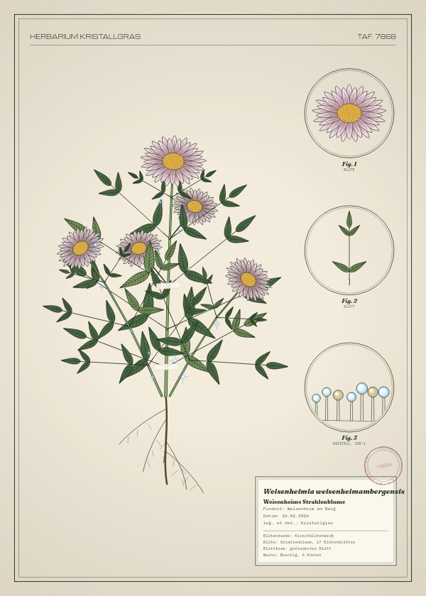 Botanische Tafel: Weisenheimia weisenheimambergensis, eine erfundene Pflanze aus Weisenheim am Berg, gezeichnet wie in einem alten Pflanzenatlas