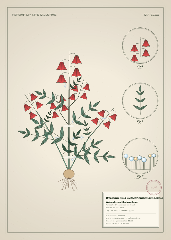 Botanische Tafel: Weisenheimia weisenheimamsandensis, eine erfundene Pflanze aus Weisenheim am Sand, gezeichnet wie in einem alten Pflanzenatlas
