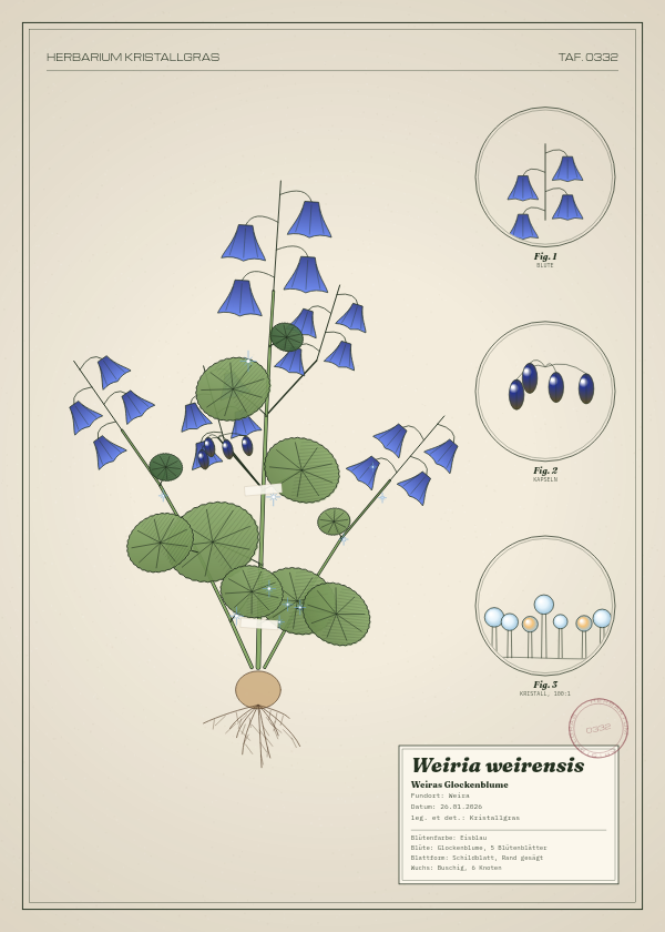 Botanische Tafel: Weiria weirensis, eine erfundene Pflanze aus Weira, gezeichnet wie in einem alten Pflanzenatlas