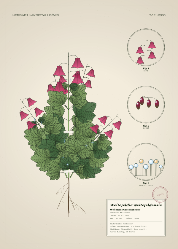 Botanische Tafel: Weitefeldia weitefeldensis, eine erfundene Pflanze aus Weitefeld, gezeichnet wie in einem alten Pflanzenatlas