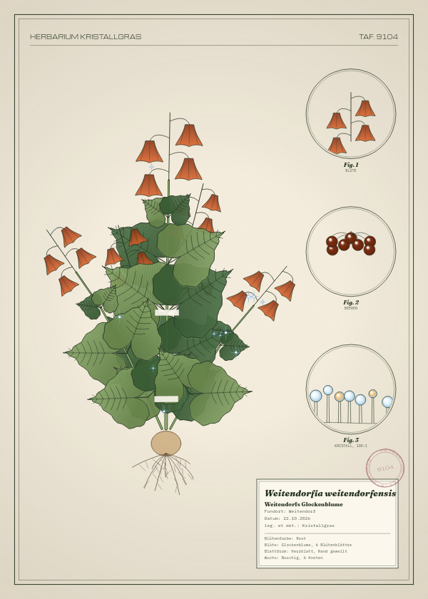 Botanische Tafel: Weitendorfia weitendorfensis, eine erfundene Pflanze aus Weitendorf, gezeichnet wie in einem alten Pflanzenatlas