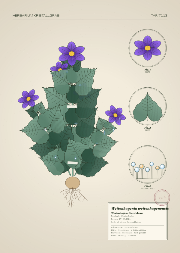 Botanische Tafel: Weitenhagenia weitenhagenensis, eine erfundene Pflanze aus Weitenhagen, gezeichnet wie in einem alten Pflanzenatlas