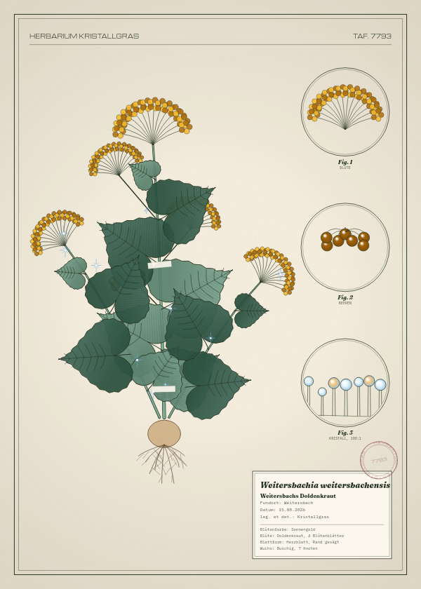 Botanische Tafel: Weitersbachia weitersbachensis, eine erfundene Pflanze aus Weitersbach, gezeichnet wie in einem alten Pflanzenatlas