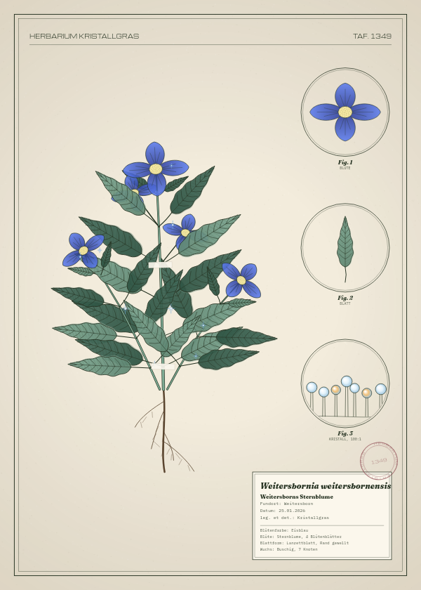 Botanische Tafel: Weitersbornia weitersbornensis, eine erfundene Pflanze aus Weitersborn, gezeichnet wie in einem alten Pflanzenatlas