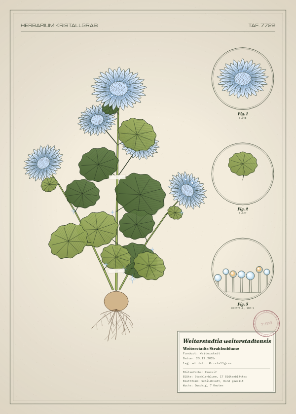 Botanische Tafel: Weiterstadtia weiterstadtensis, eine erfundene Pflanze aus Weiterstadt, gezeichnet wie in einem alten Pflanzenatlas