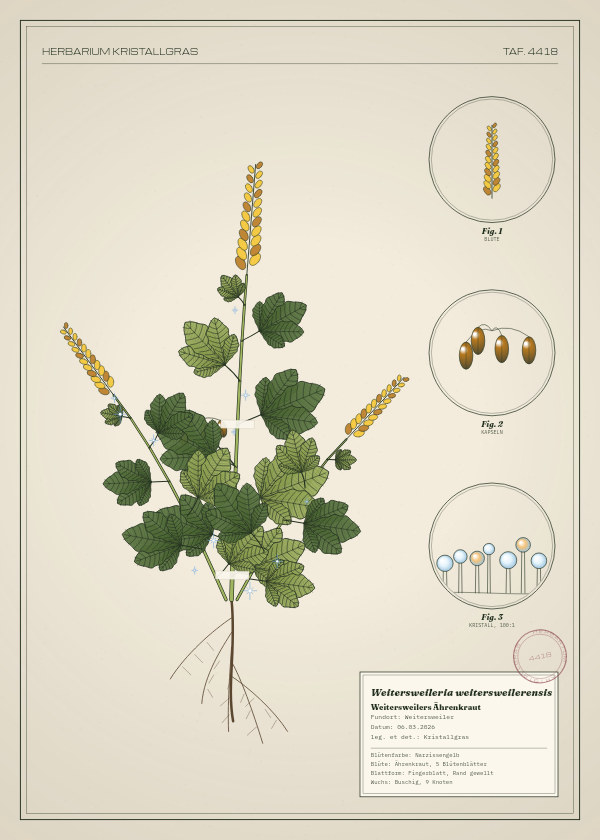 Botanische Tafel: Weitersweileria weitersweilerensis, eine erfundene Pflanze aus Weitersweiler, gezeichnet wie in einem alten Pflanzenatlas