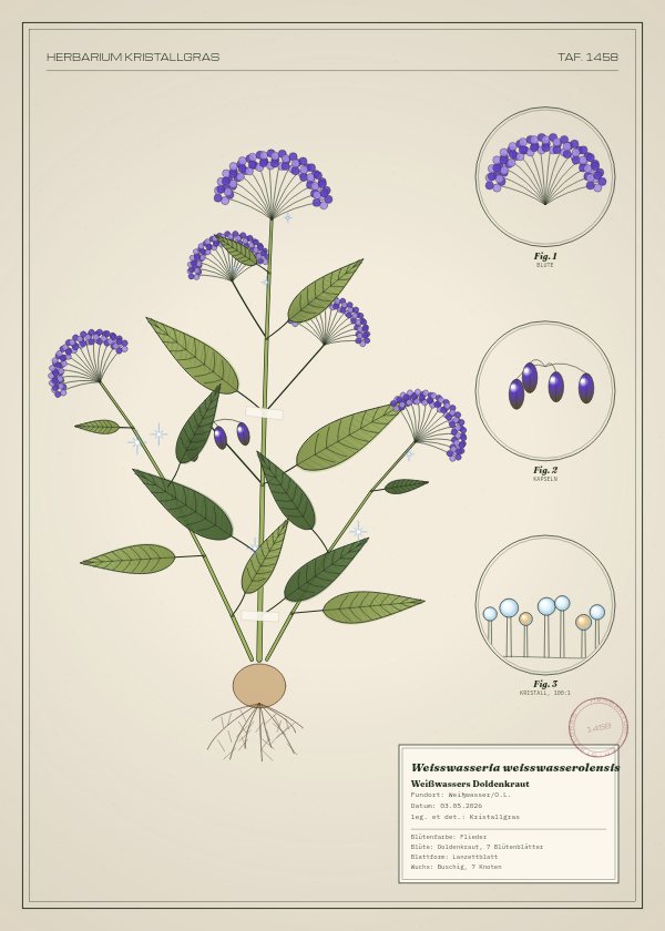 Botanische Tafel: Weisswasseria weisswasserolensis, eine erfundene Pflanze aus Weißwasser/O.L., gezeichnet wie in einem alten Pflanzenatlas