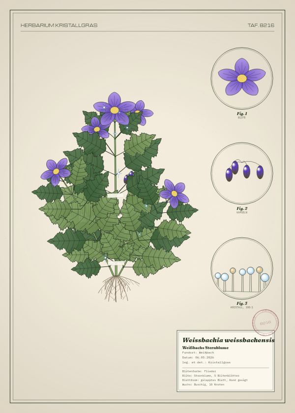 Botanische Tafel: Weissbachia weissbachensis, eine erfundene Pflanze aus Weißbach, gezeichnet wie in einem alten Pflanzenatlas