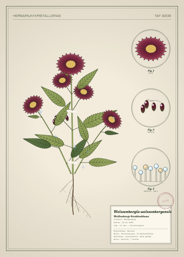 Botanische Tafel: Weissenbergia weissenbergensis, eine erfundene Pflanze aus Weißenberg, gezeichnet wie in einem alten Pflanzenatlas