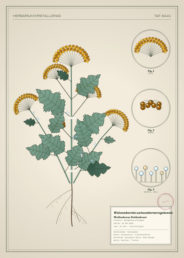 Botanische Tafel: Weissenbornia weissenbornerzgebensis, eine erfundene Pflanze aus Weißenborn/Erzgeb., gezeichnet wie in einem alten Pflanzenatlas