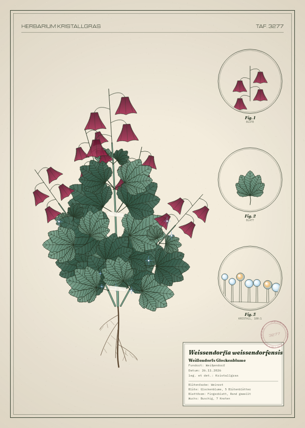 Botanische Tafel: Weissendorfia weissendorfensis, eine erfundene Pflanze aus Weißendorf, gezeichnet wie in einem alten Pflanzenatlas