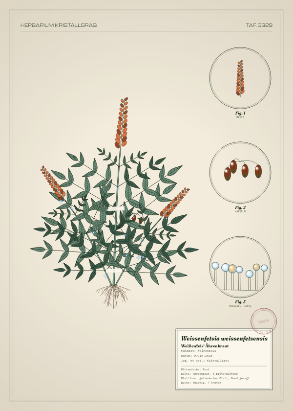 Botanische Tafel: Weissenfelsia weissenfelsensis, eine erfundene Pflanze aus Weißenfels, gezeichnet wie in einem alten Pflanzenatlas