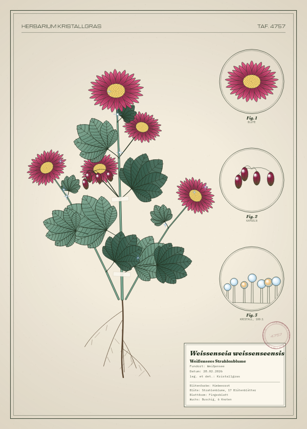 Botanische Tafel: Weissenseia weissenseensis, eine erfundene Pflanze aus Weißensee, gezeichnet wie in einem alten Pflanzenatlas