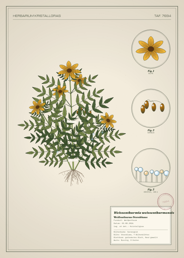 Botanische Tafel: Weissenthurmia weissenthurmensis, eine erfundene Pflanze aus Weißenthurm, gezeichnet wie in einem alten Pflanzenatlas