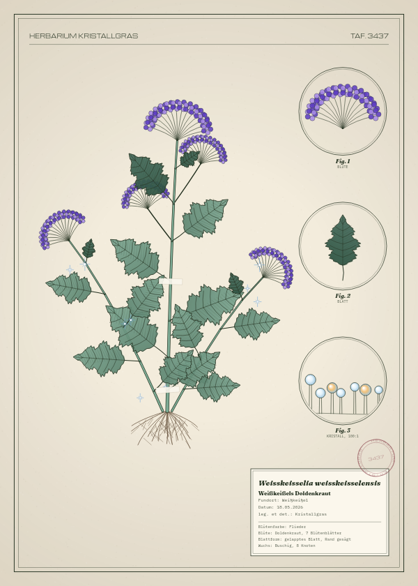 Botanische Tafel: Weisskeisselia weisskeisselensis, eine erfundene Pflanze aus Weißkeißel, gezeichnet wie in einem alten Pflanzenatlas
