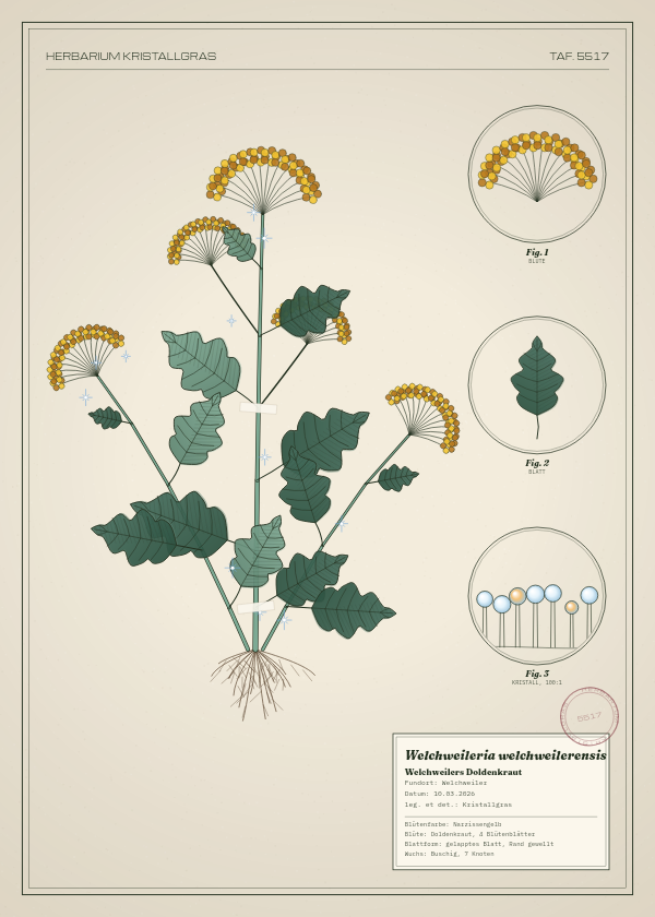 Botanische Tafel: Welchweileria welchweilerensis, eine erfundene Pflanze aus Welchweiler, gezeichnet wie in einem alten Pflanzenatlas