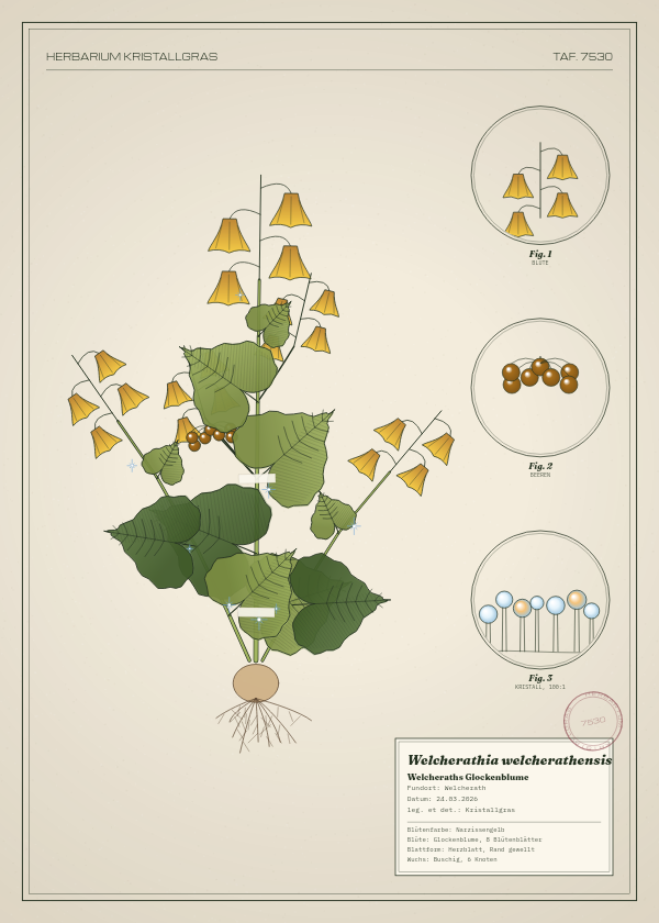 Botanische Tafel: Welcherathia welcherathensis, eine erfundene Pflanze aus Welcherath, gezeichnet wie in einem alten Pflanzenatlas