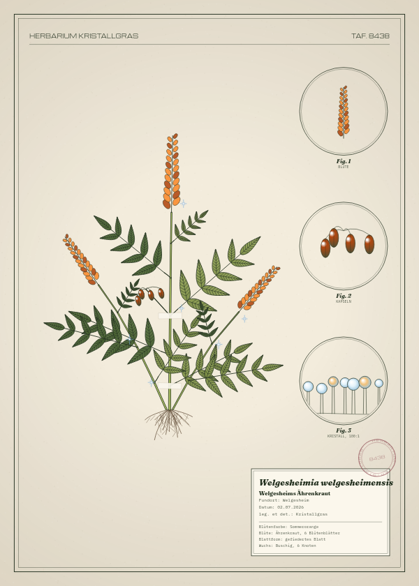 Botanische Tafel: Welgesheimia welgesheimensis, eine erfundene Pflanze aus Welgesheim, gezeichnet wie in einem alten Pflanzenatlas