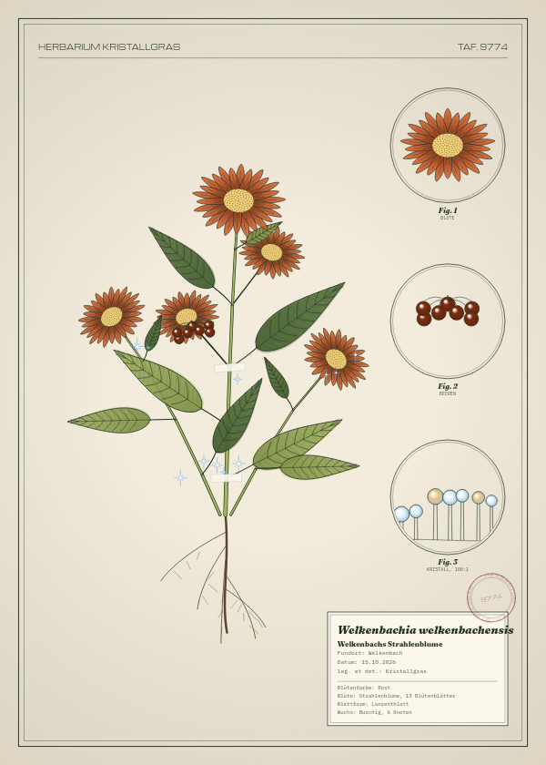 Botanische Tafel: Welkenbachia welkenbachensis, eine erfundene Pflanze aus Welkenbach, gezeichnet wie in einem alten Pflanzenatlas