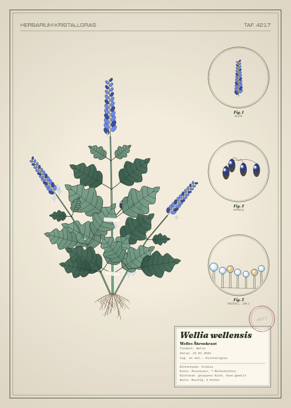Botanische Tafel: Wellia wellensis, eine erfundene Pflanze aus Welle, gezeichnet wie in einem alten Pflanzenatlas