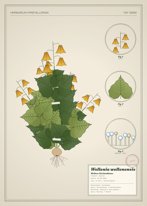 Botanische Tafel: Wellenia wellenensis, eine erfundene Pflanze aus Wellen, gezeichnet wie in einem alten Pflanzenatlas