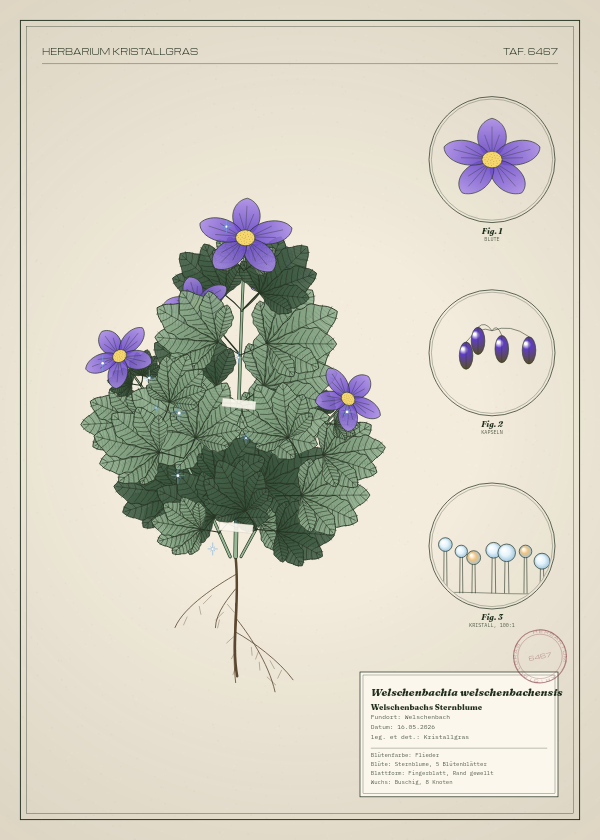 Botanische Tafel: Welschenbachia welschenbachensis, eine erfundene Pflanze aus Welschenbach, gezeichnet wie in einem alten Pflanzenatlas