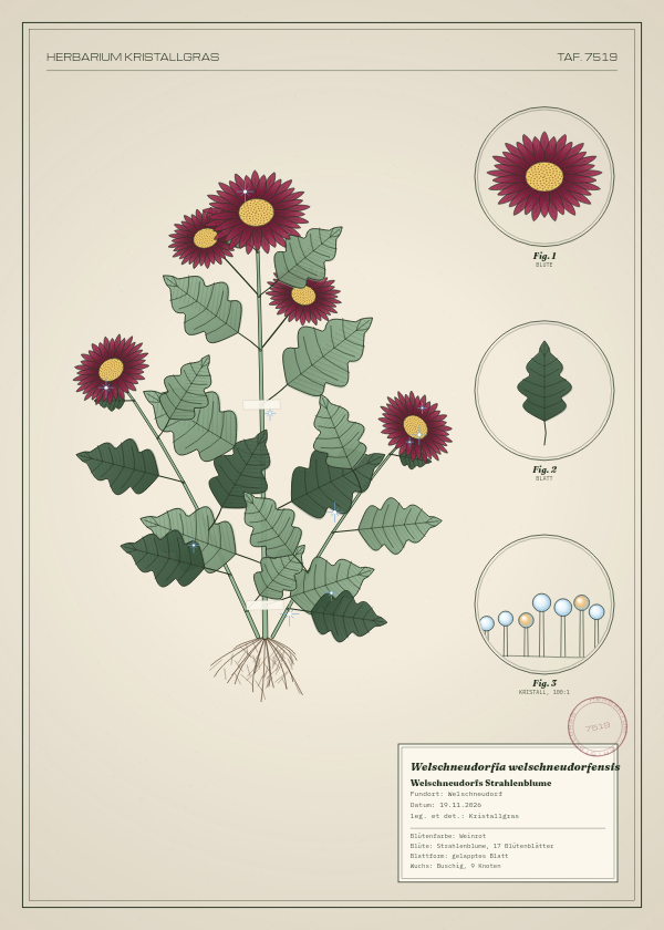 Botanische Tafel: Welschneudorfia welschneudorfensis, eine erfundene Pflanze aus Welschneudorf, gezeichnet wie in einem alten Pflanzenatlas