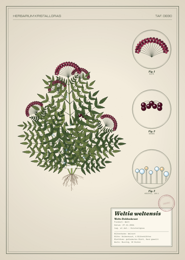 Botanische Tafel: Weltia weltensis, eine erfundene Pflanze aus Welt, gezeichnet wie in einem alten Pflanzenatlas