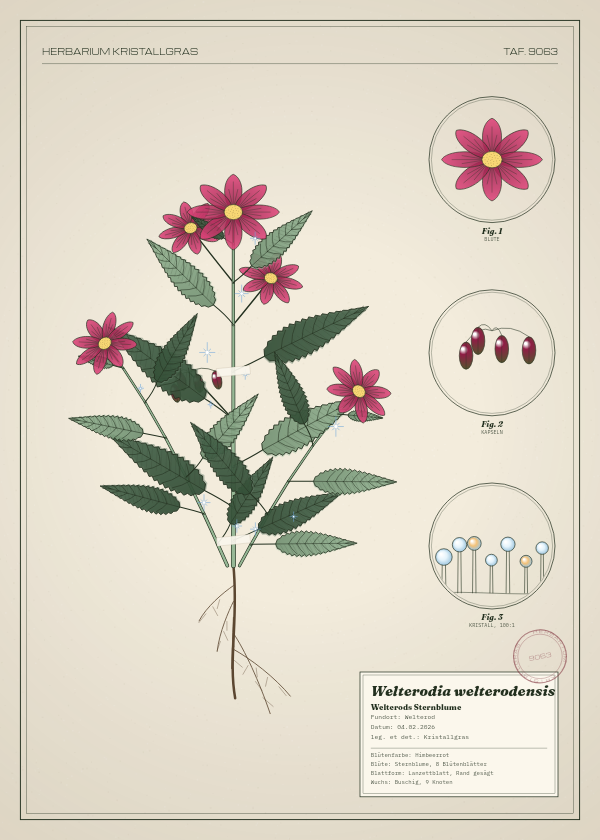 Botanische Tafel: Welterodia welterodensis, eine erfundene Pflanze aus Welterod, gezeichnet wie in einem alten Pflanzenatlas