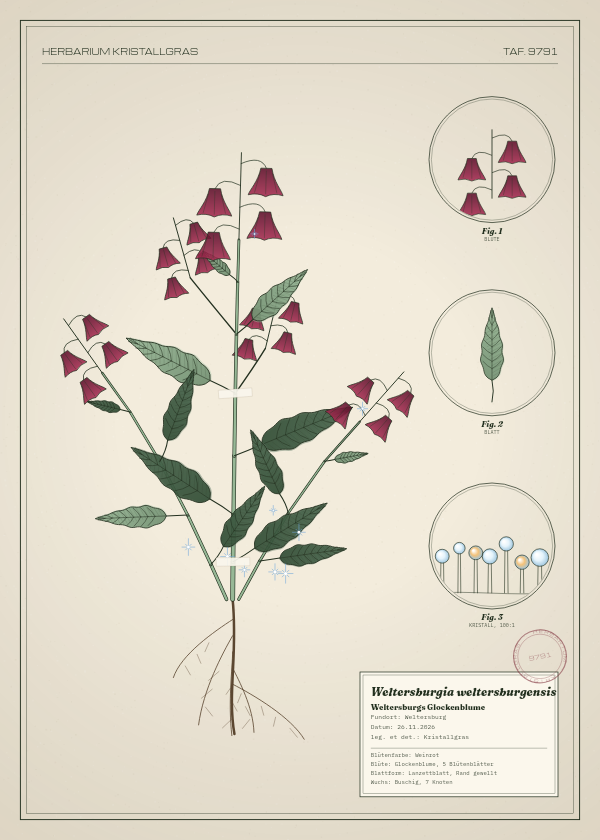 Botanische Tafel: Weltersburgia weltersburgensis, eine erfundene Pflanze aus Weltersburg, gezeichnet wie in einem alten Pflanzenatlas