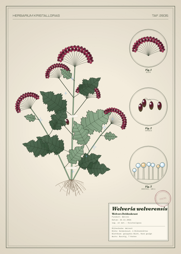 Botanische Tafel: Welveria welverensis, eine erfundene Pflanze aus Welver, gezeichnet wie in einem alten Pflanzenatlas