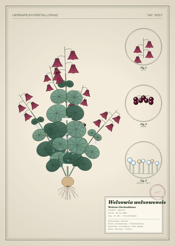 Botanische Tafel: Welzowia welzowensis, eine erfundene Pflanze aus Welzow, gezeichnet wie in einem alten Pflanzenatlas