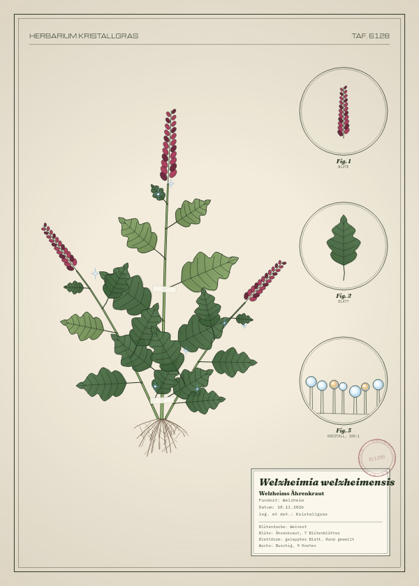 Botanische Tafel: Welzheimia welzheimensis, eine erfundene Pflanze aus Welzheim, gezeichnet wie in einem alten Pflanzenatlas