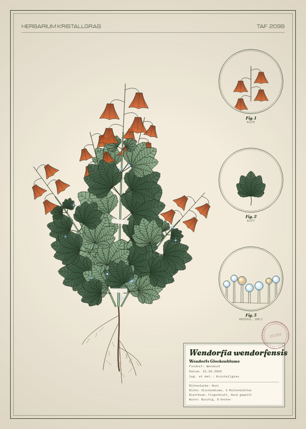 Botanische Tafel: Wendorfia wendorfensis, eine erfundene Pflanze aus Wendorf, gezeichnet wie in einem alten Pflanzenatlas