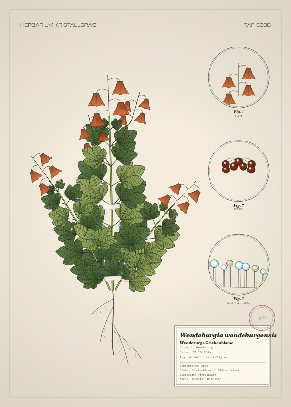 Botanische Tafel: Wendeburgia wendeburgensis, eine erfundene Pflanze aus Wendeburg, gezeichnet wie in einem alten Pflanzenatlas