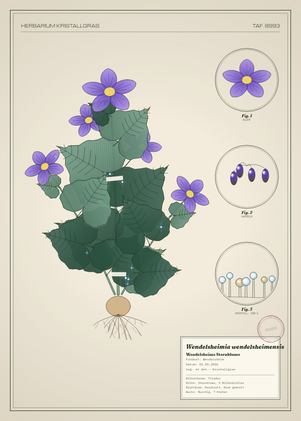 Botanische Tafel: Wendelsheimia wendelsheimensis, eine erfundene Pflanze aus Wendelsheim, gezeichnet wie in einem alten Pflanzenatlas