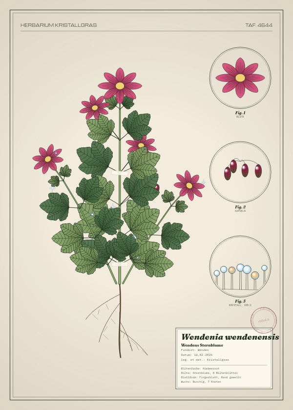 Botanische Tafel: Wendenia wendenensis, eine erfundene Pflanze aus Wenden, gezeichnet wie in einem alten Pflanzenatlas