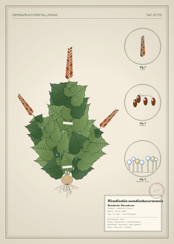 Botanische Tafel: Wendischia wendischevernensis, eine erfundene Pflanze aus Wendisch Evern, gezeichnet wie in einem alten Pflanzenatlas