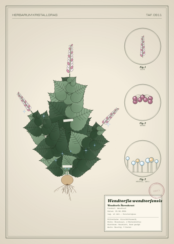 Botanische Tafel: Wendtorfia wendtorfensis, eine erfundene Pflanze aus Wendtorf, gezeichnet wie in einem alten Pflanzenatlas