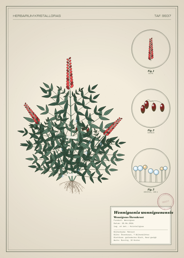 Botanische Tafel: Wennigsenia wennigsenensis, eine erfundene Pflanze aus Wennigsen, gezeichnet wie in einem alten Pflanzenatlas