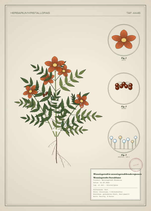 Botanische Tafel: Wenningstedtia wenningstedtbraderupensis, eine erfundene Pflanze aus Wenningstedt-Braderup, gezeichnet wie in einem alten Pflanzenatlas